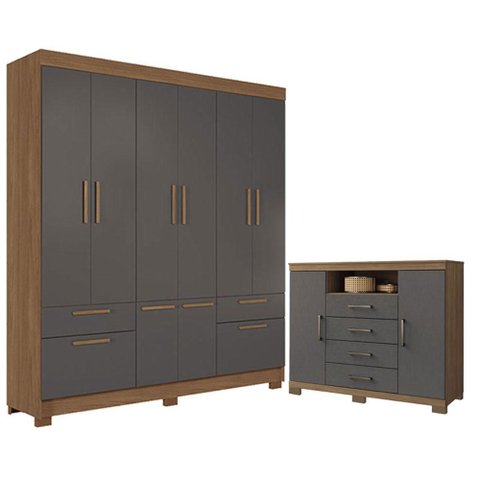 Guarda Roupa Casal 8 Portas Curitiba e Cômoda Havana Master com Pés Jatobá Grafite Acetinado - Santo