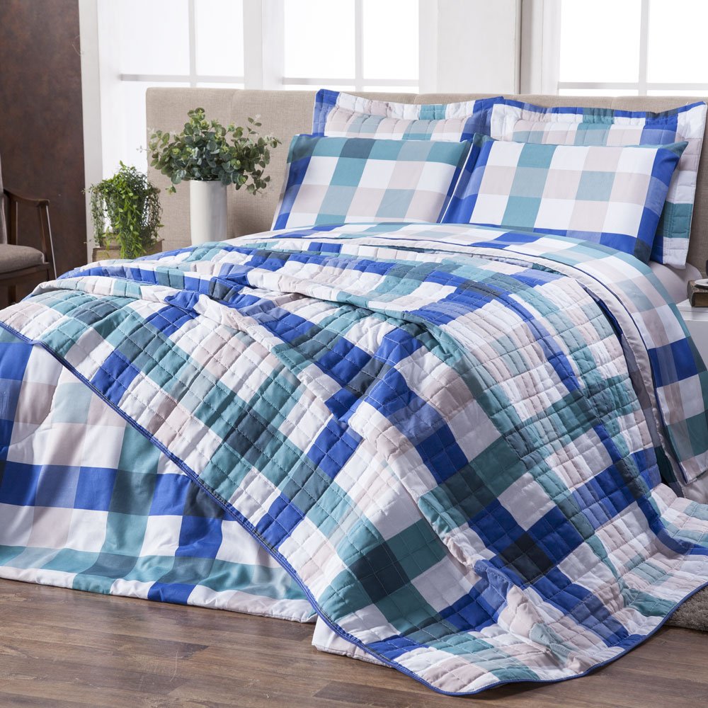 Roupa de Cama Queen 3 Peças Lençol sem Elástico e Fronha Classic Estampado:xadrez Aqua - 4