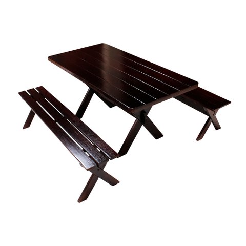 Conjunto Mesa 2m e 2 Bancos Sem Encosto Madeira Maciça Eucalipto:Tabaco
