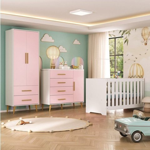 Quarto Infantil com Guarda-Roupa 2 Portas 2 Gavetas com Cômoda e Berço Magia Espresso Móveis Rosa/Branco