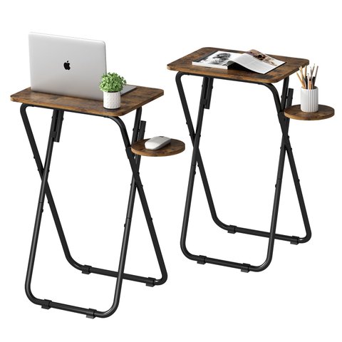 Mesa Lateral Dobrável Conjunto com 2 Peças de Apoio com Suporte Lateral Amadeirado e Preto