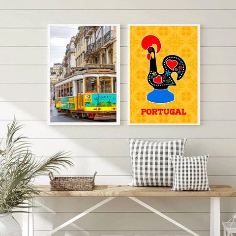 Kit 2 Quadros Portugal- Galo Barcelos e Bondinho 24x18cm:madeira Branca