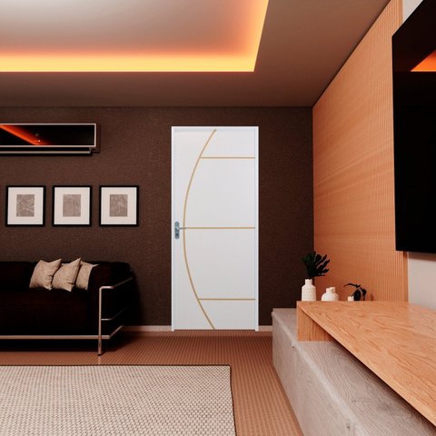 Kit Porta de Madeira Decorada 212x85cm com Batente de Aluminio 3,6cm Gáucha MGM Abertura Direita Branco