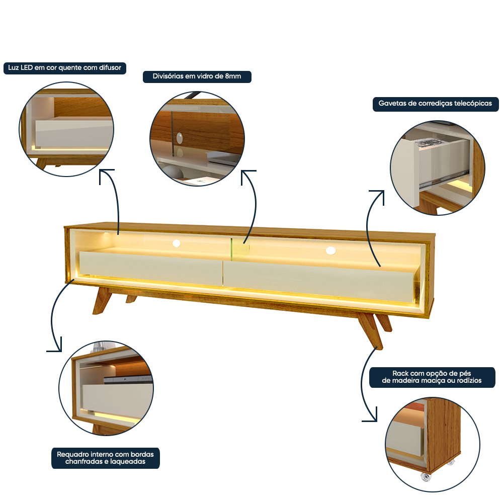 Rack para TV até 75 Polegadas com Led e Pés Requinte 172,5cm  em MDF Marrom