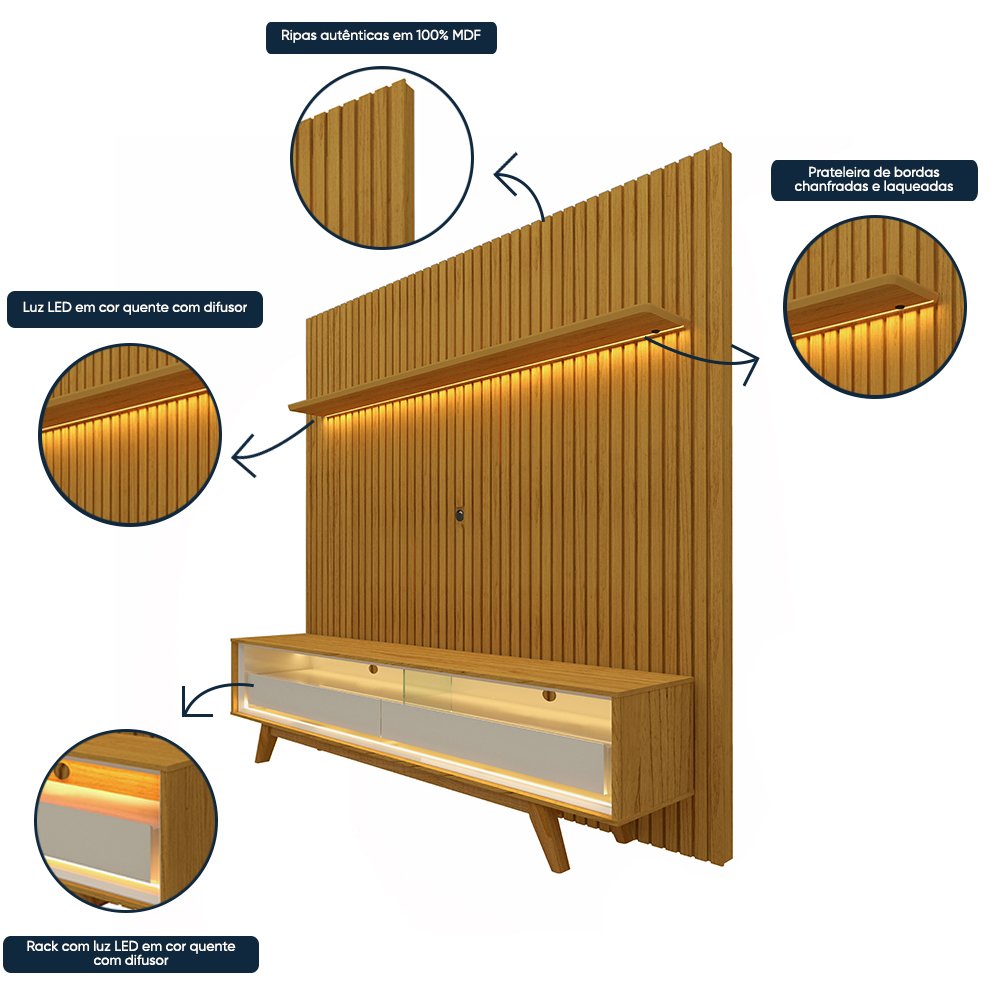 Painel para TV Ripado Led 2 Gavetas 2 Prateleiras com Pés 184cm Nobre  - 4