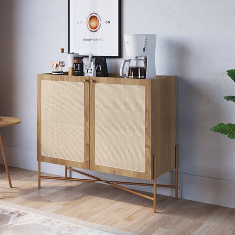 Balcão Bar 2 Portas 93cm Palhinha Pé Metal Dourado Oslo