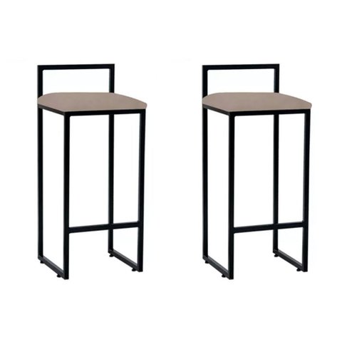 Kit 2 Banquetas Altas Dori Industrial para Balcão Bar Cozinha em Aço Assento Suede - Preto/bege