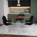 Ver imagem 1 de Mesa Jantar Redonda 110Cm Amêndoa Clips 3 Pés Com 5 Cadeiras Pretas Ferro Branco - Cor: Amendoa