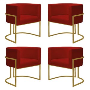 Kit 4 Poltronas Reforçada Decorativa Sala Nayara Base Ferro Dourado Suede Marsala