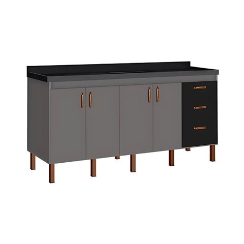 Armário de Cozinha 194 cm Gabinete com 4 Portas e 3 Gavetas:Cinza/Preto