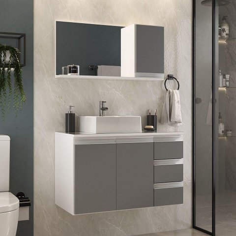 Conjunto Gabinete Banheiro Prisma 80cm Gabinete + Cuba + Espelheira com Vidro Branco Cinza