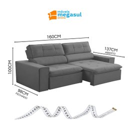 Sofá Retratil Reclinável 2 Lugares 160cm Confortável Megasul: Veludo Cinza - 3