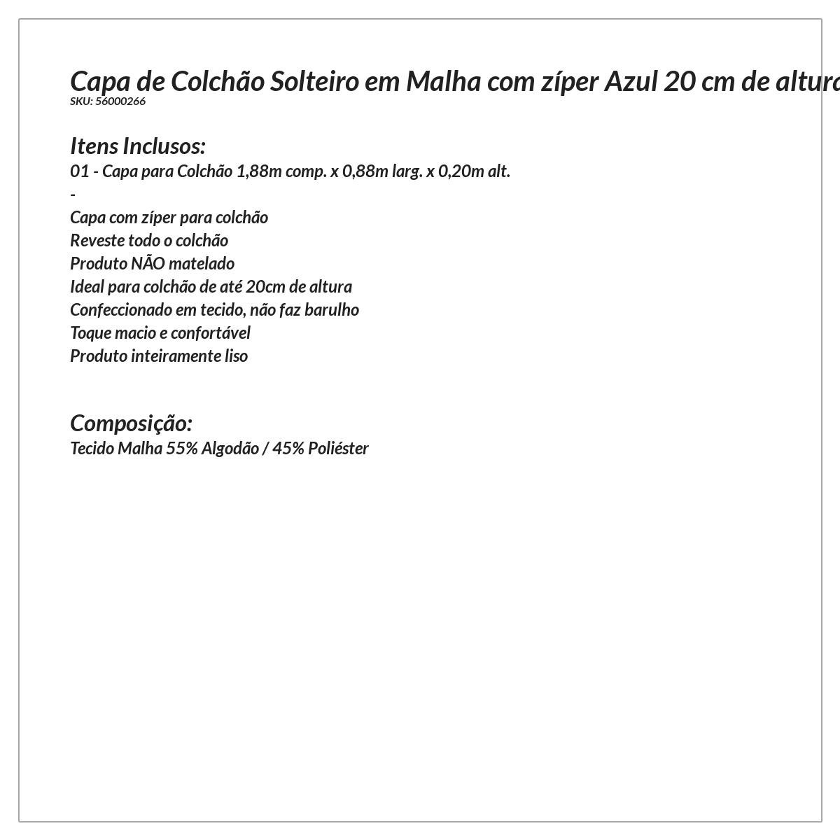 Capa de Colchão Solteiro em Malha com zíper Azul 20 cm de altura Tecido Malha 55% Algodão / 45% Poli - 3