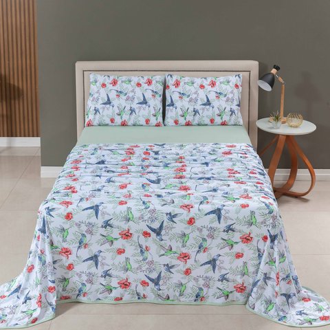 Jogo Lençol Cama Queen 4 Peças 100% Algodão Malha Penteada:est Verde Passaros
