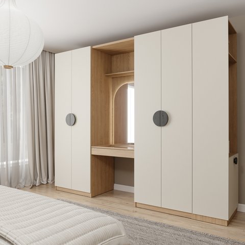 Conjunto Modulado 4 Peças Cabideiro, Penteadeira com Espelho, Gavetas Joy CabeCasa MadeiraOriginals Cinza/Sereno/Avena