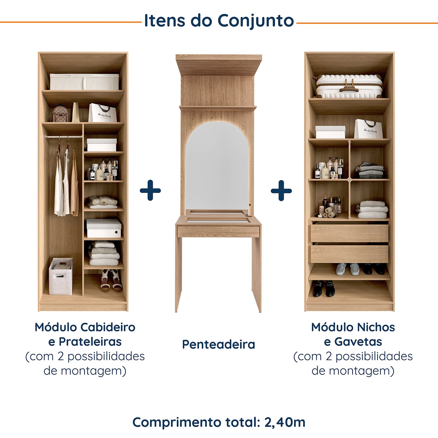 Guarda-Roupa Modulado Joy 3 Peças Módulo Nichos com 2 Gavetas, Penteadeira com Espelho e Cabideiro com N - 3