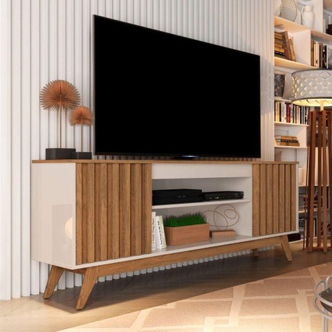 Rack para TV Domus Prime 160cm MDP Ripado Off White Freijó Germai Móveis