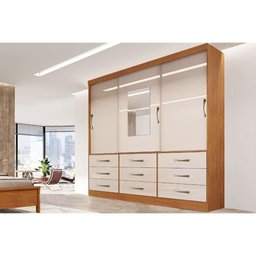 Guarda Roupa Casal 3 Portas e 9 Gavetas Athenas C/ Espelho Naturale/off White - Bianchi - 1 Guarda Roupa Casal 3 Portas e 9 Gavetas Athenas C/ Espelho Naturale/off White - Bianchi - 1