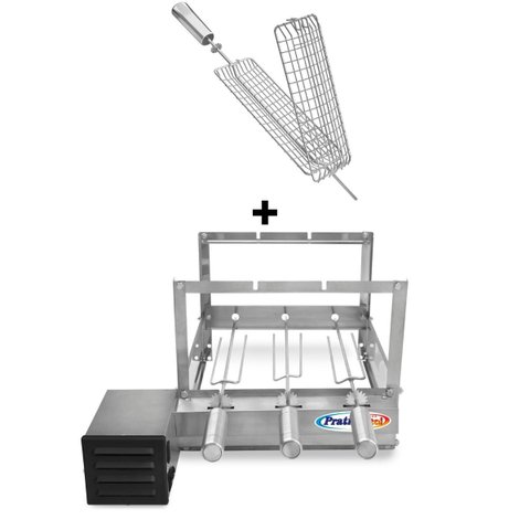 Gira Grill Inox c/ 3 Espetos Tridente + Espeto Grelha Pratic