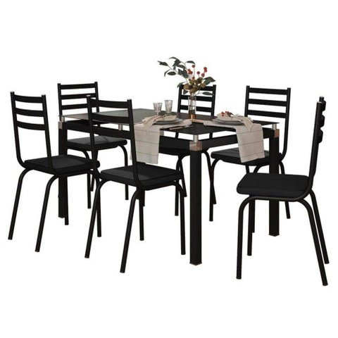 Mesa 6 Cadeiras Malva Tampo Vidro 140cm Sf Preto