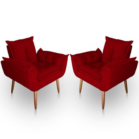 Kit 2 Poltronas Decorativa Paola Pes Palito Suede Vermelho