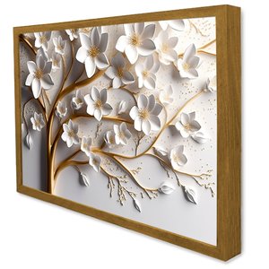 Quadro Decorativo Floral Luxo Cerejeira Branca em Moldura Caixa Tacolado Moldura Caixa 3cm Freijó Se