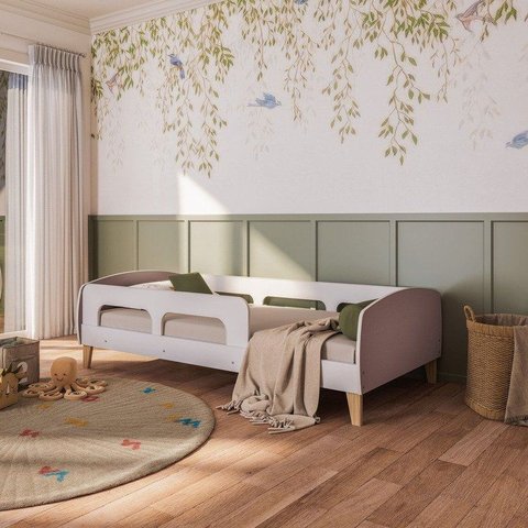 Cama Solteiro Jardim com Protecao Montessoriana Branco/Rosa