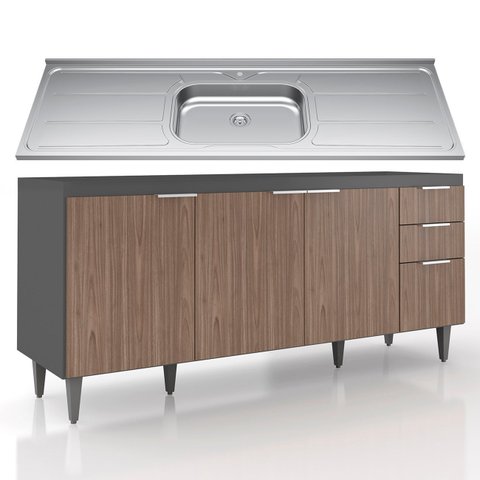 Balcão de Cozinha com Pia Inox 180cm Pérola Z34 Grafite/freijó - Mpozenato