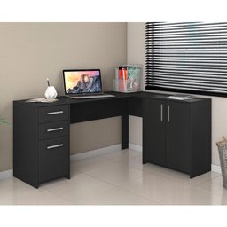 Mesa de Escritório Escrivaninha Em L Home Office Para Computador Quarto 3 Portas 2 Gavetas Preta - 1