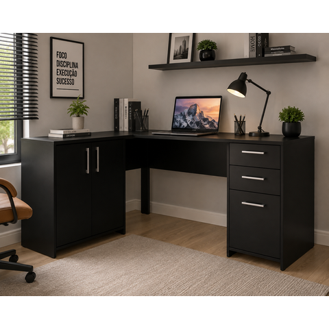 Mesa de Escritório Escrivaninha Em L Home Office Para Computador Quarto 3 Portas 2 Gavetas Preta