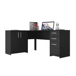 Mesa de Escritório Escrivaninha Em L Home Office Para Computador Quarto 3 Portas 2 Gavetas Preta - 7