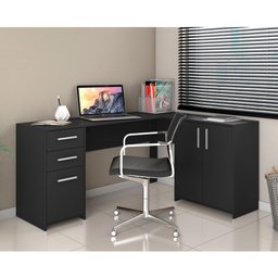 Mesa de Escritório Escrivaninha Em L Home Office Para Computador Quarto 3 Portas 2 Gavetas Preta - 6