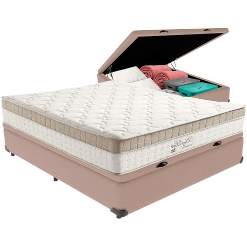 Cama Box Baú Bege e Colchão King Best Molas Ensacadas Casal 138x188x33 Anjos