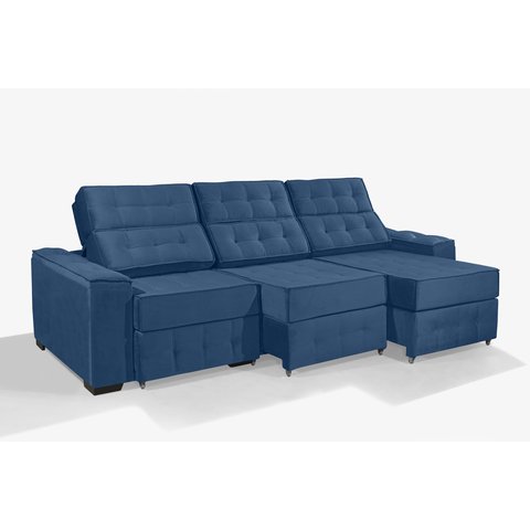 Sofá Retrátil e Reclinável 3,80m Estilo Estofados - Paris 3 Módulos com Velusoft D33 "azul"