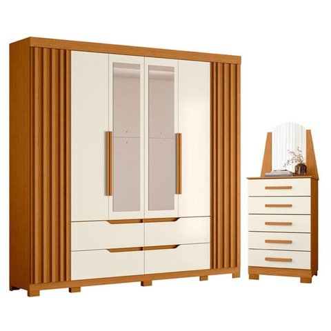 Guarda Roupa Casal Doble com Espelho 06 Portas e Cômoda New Veneza Cinamomo Off White - Móveis Albat