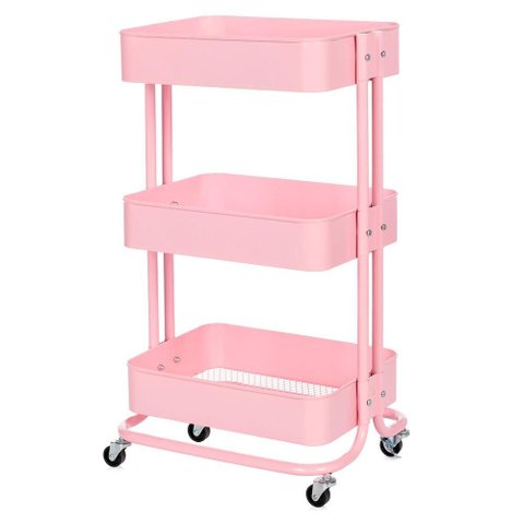 Carrinho Organizador Multiuso Anm6077 Anima Office 3 Cestos Fixos em Aço Rosa