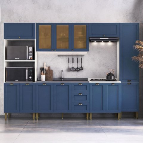Cozinha Completa Aurora 305cm Aéreo Portas Vidro Provençal Cor:branco com Azul