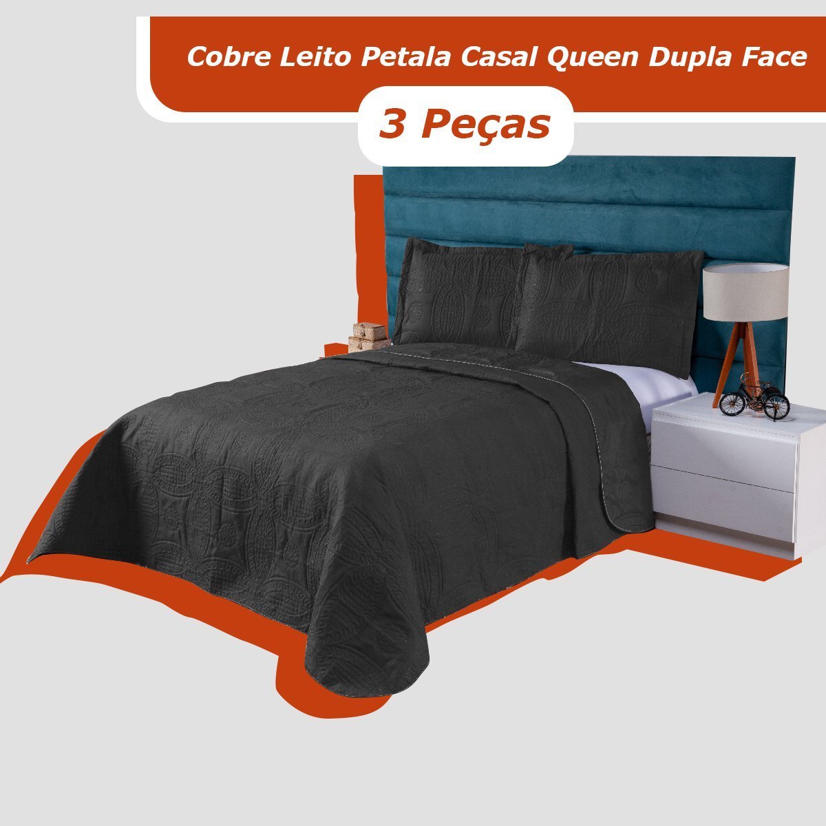 Kit Colcha Petala 3pçs Casal Queen Dupla Face Preto Casen Costura Floral - 5