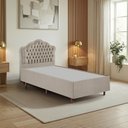 Ver imagem 1 de Kit Cama Box Solteiro + Cabeceira Estofada em Madeira Maciça Curva Provençal com Capitonê Bege/Linho
