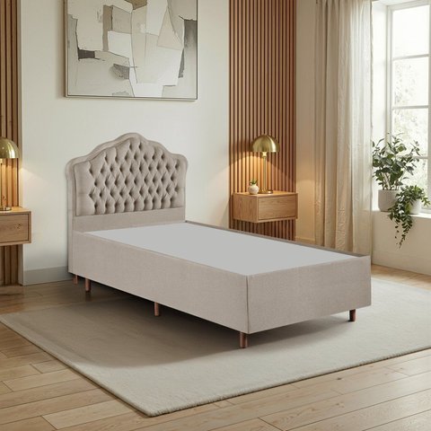 Kit Cama Box Solteiro + Cabeceira Estofada em Madeira Maciça Curva Provençal com Capitonê Bege/Linho