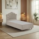 Ver imagem 1 de Kit Cama Box Solteiro + Cabeceira Estofada em Madeira Maciça Curva Provençal com Capitonê Bege/Linho