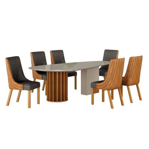 Conjunto Sala de Jantar Mesa Orgânica 200cm 6 Cadeiras Belle com Tampo Vidro Cinamomo/Off White/Sint
