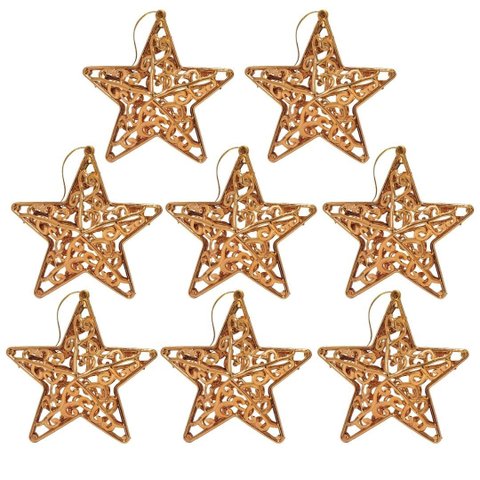 Kit 8 Estrelas Tridimensional Arabesco Bronze Metalizado 10cm - Magizi