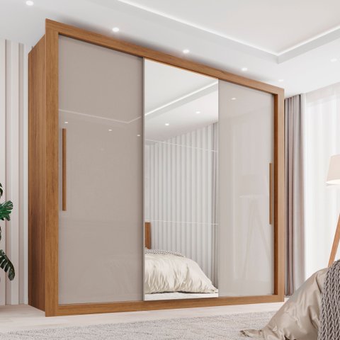 Guarda-Roupa Casal 3 Portas com Espelho Central 4 Gavetas Costa Rica Cinamomo/Off White