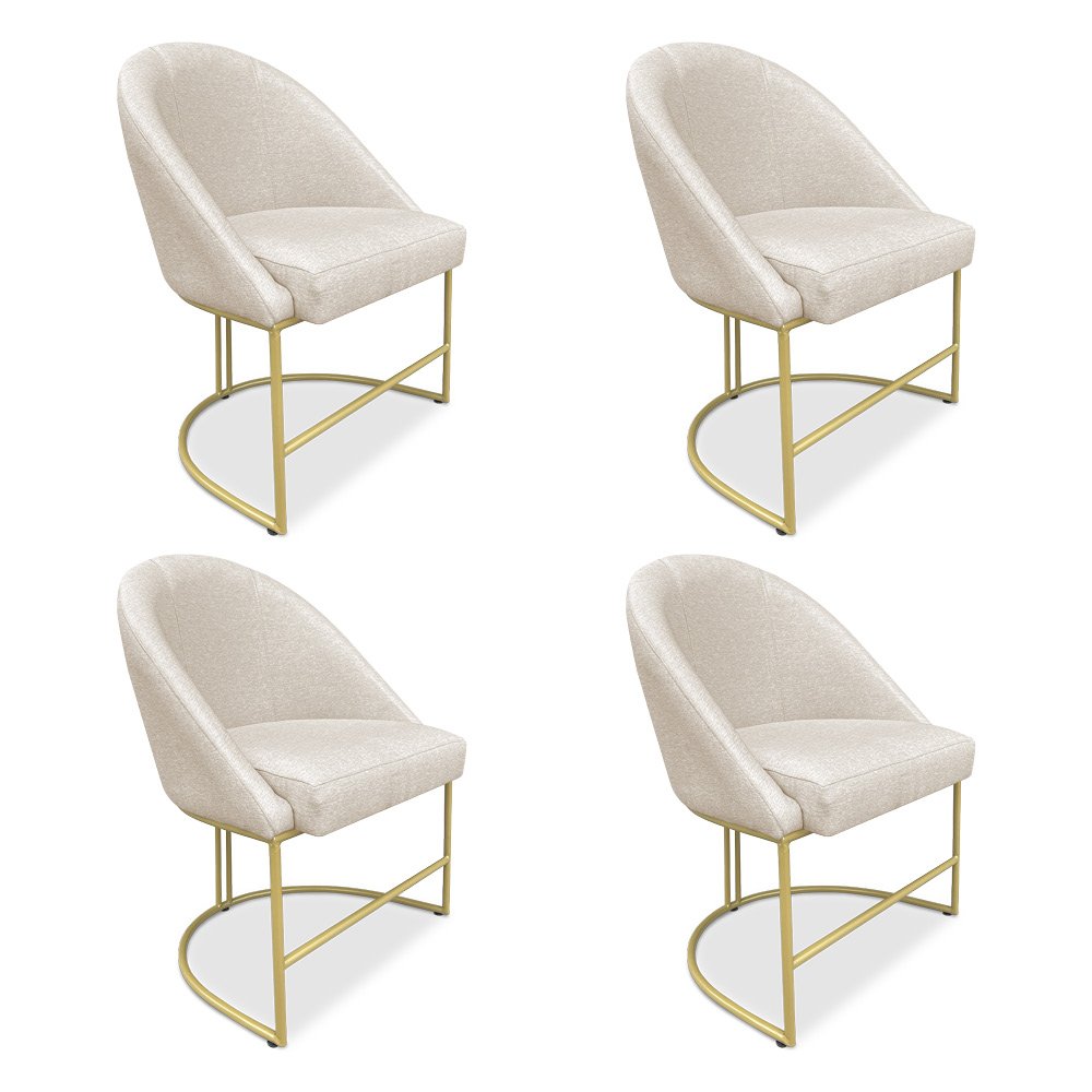 Kit 04 Cadeiras Poltrona de Jantar Bela Linho Bege Base Metálica Industrial Dourado - Pallazio