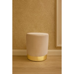 Puff com Rodapé Dourado Bege Veludo