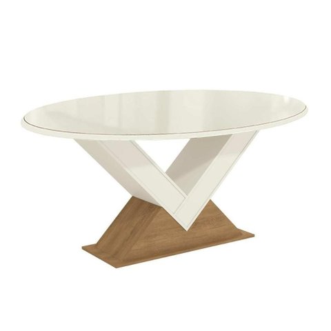 Mesa para Cozinha Amora com Tampo Madeirado com Vidro 180x105cm Freijó Off White Kappesberg