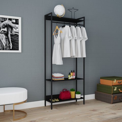 Estante Closet Arara 187x80cm 3 Prateleiras Active Yescasa Preto/Ônix