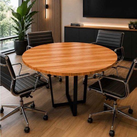 Mesa de Reunião Redonda F5 Industrial MDP 110cm Nogal com Preto F5 Office