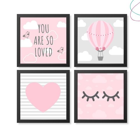 Kit com 4 Quadros Decorativos Infantil Balão Nuvens Menina:preta